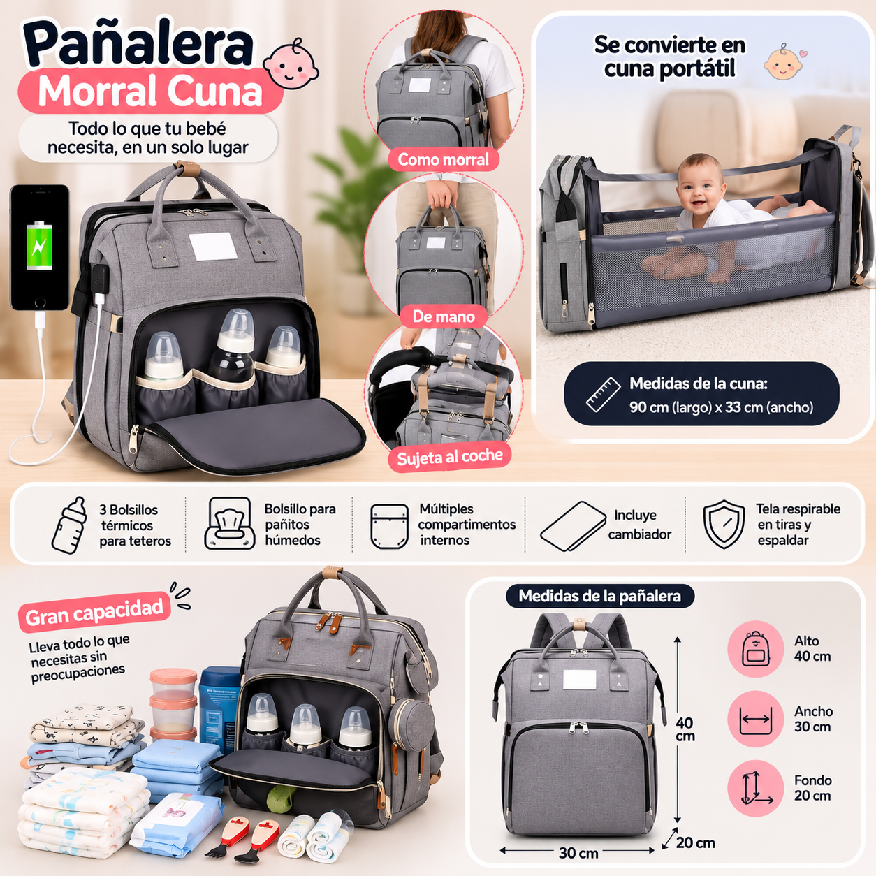 BOLSO PAÑALERA - CUNA , COLCHON PORTATIL